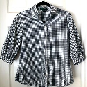 Ralph Lauren mid sleeve button up top. Black and white checkered strips.